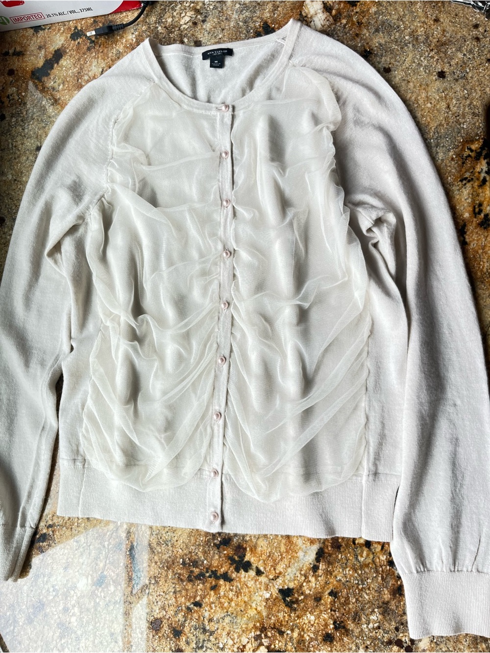 Ann Taylor Ivory Mesh Ruffle Cardigan with Pearl Buttons size medium - Picture 2 of 10